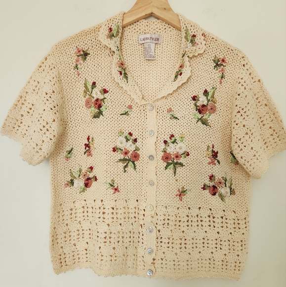 Laura Tayler Beige Crochet Cardigan Floral Embroidered Sweater Size L - Picture 2 of 15